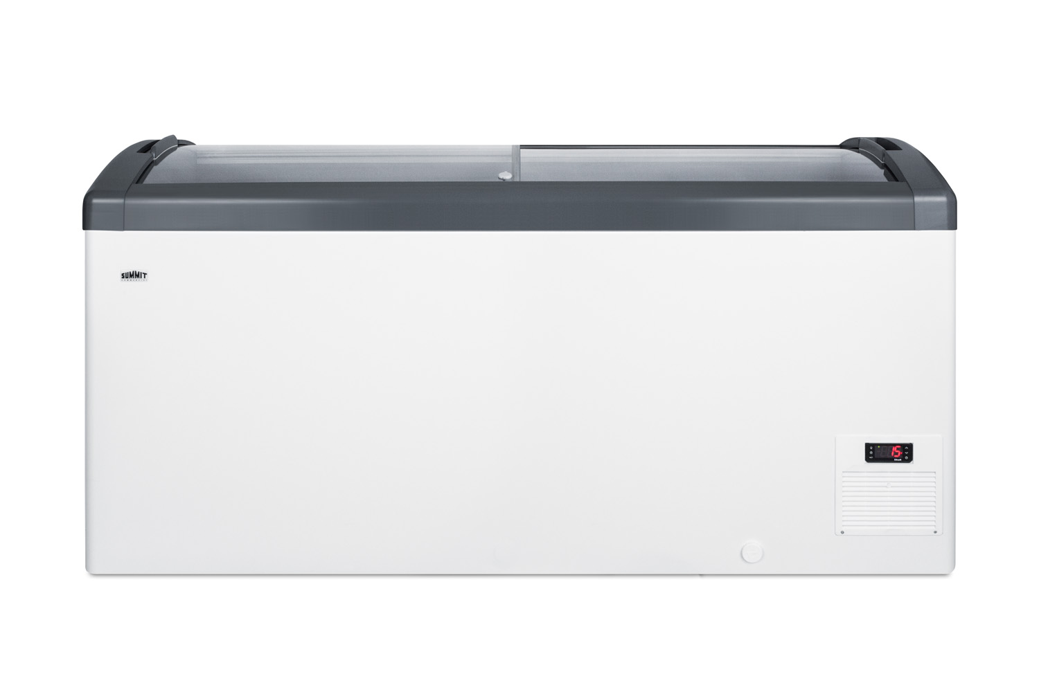 Curved top commercial ice cream freezer made in Denmark, with sliding glass lid, digital thermostat, novelty baskets, and 14.8 cu.ft. interior